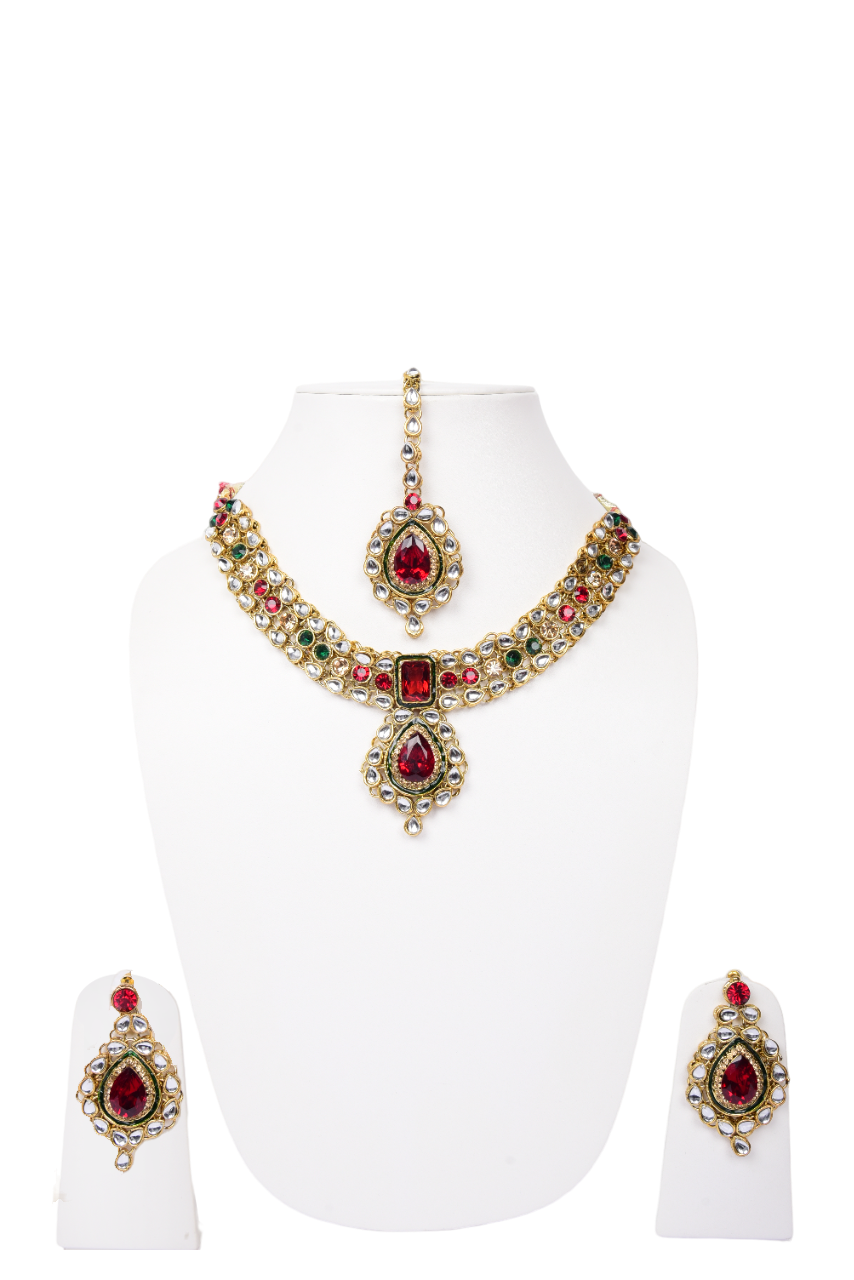 Namokriti Stunning Red & Green Kundan Necklace Set – Ethnic Wedding Jewelry